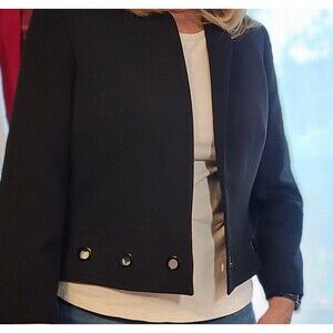 Jones Studio Black Open Front Jacket Grommet Hem Lined Stretch Modern Chic Med